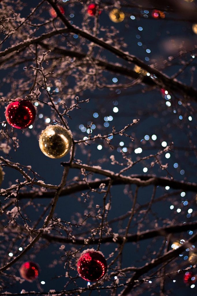 Bare, snowy tree branches decorated with Christmas balls and twinkle lights