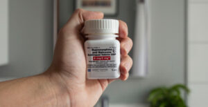 A hand holds a bottle of generic buprenorphine/naloxone medication