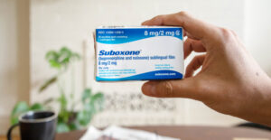 A hand holds a Suboxone box. There is a well lit living room in the baackground