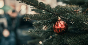 Closeup on a shiny red ornament hanging on an outdoor Christmas tree.