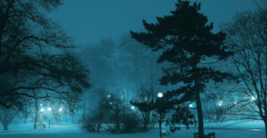 A dark winter landscape, with snow on the ground and lightposts providing small spots of light.