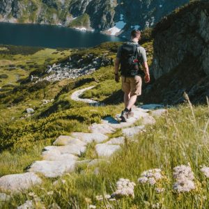 A man walks away from the camera along a winding trail on a lush mountainside.